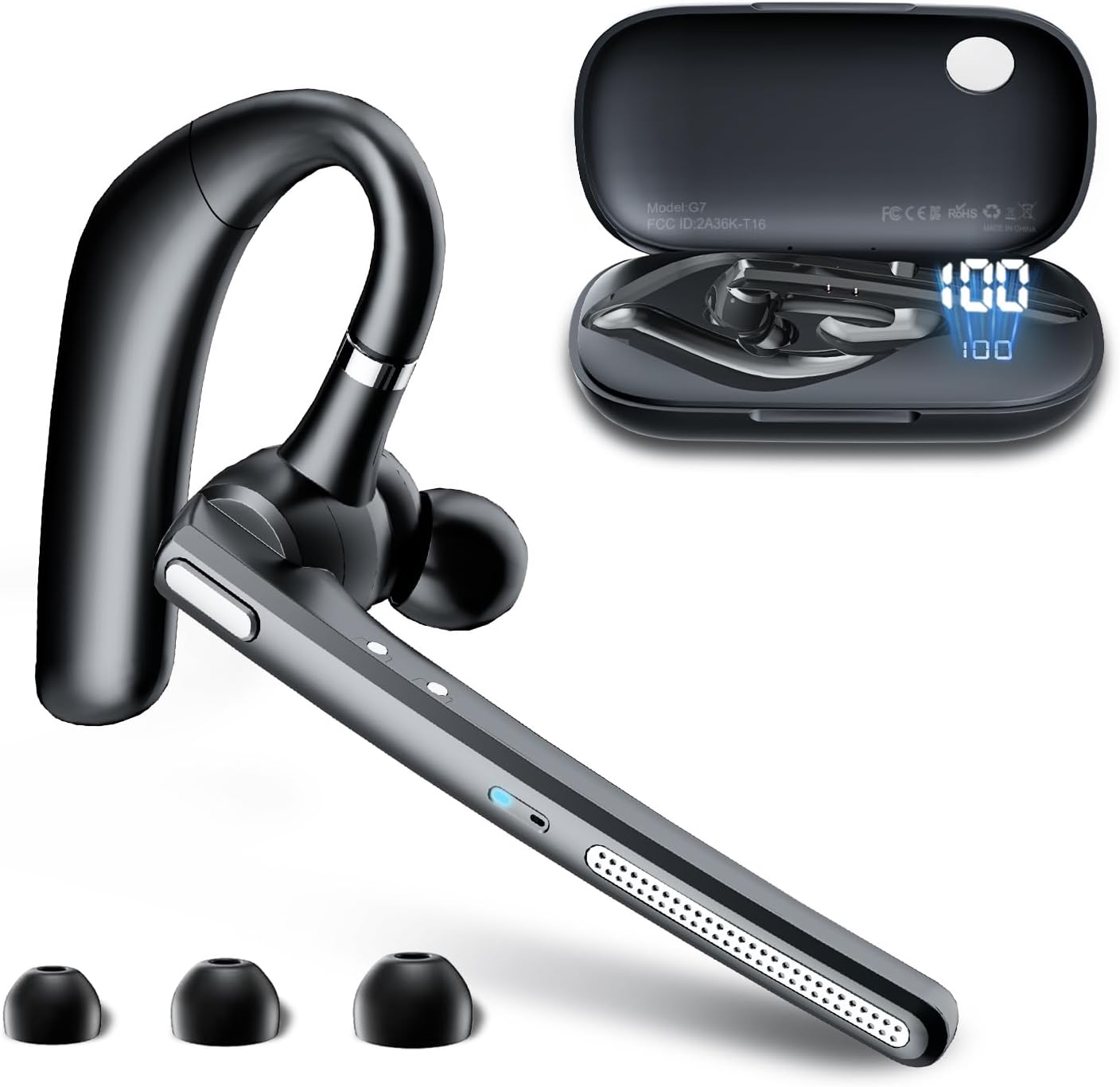 Bluetooth Headset V5.3, Wireless Earpiece with 500mAh Charging Case Hand-Free Headphones Noise Canceling Mic for OfficeBusiness