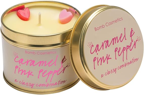Bomb Cosmetics Caramel & Pink Pepper Scented Tin Candle; Contains Pure Black Pepper & Sandalwood Essential Oils; Vegan Friendly; 30-35 Hour Burn