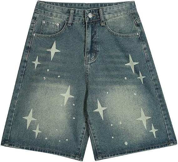 Pokn Denim Shorts Baggy Jorts Mid Rise Stretchy Patchwork Jeans Shorts Jorts Y2K Star Jorts for Men Unisex