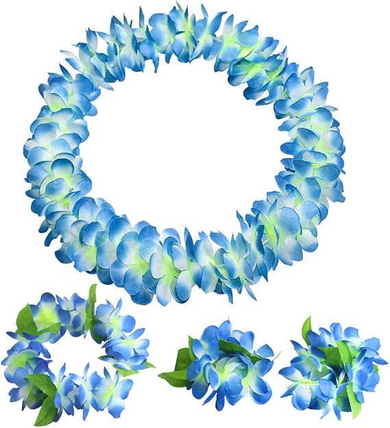 Hawaiian Leis set,Thickened Artificial Flower Luau Necklace Bracelet Headband Garland Lei Set for Tropical Beach Theme or Halloween Holiday Party Decoration Costume Supplies (Blue)