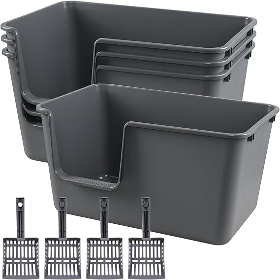 4-Pack Large Cat Litter Box with High Sides, Open Top Cat Litter Pan