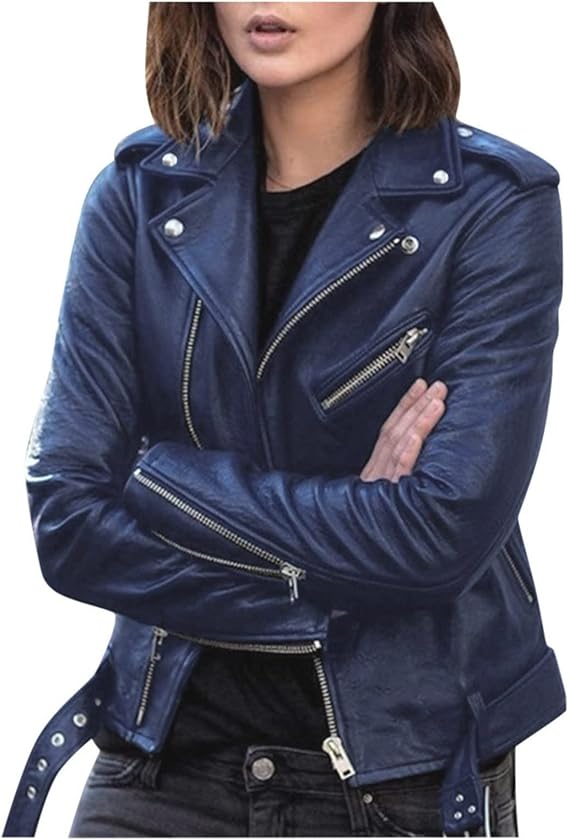 hlysgo Women's Faux Leather Belted Motorcycle Jacket Plus Size Fashion Moto Biker Coat Long Sleeve Zip Up Coats