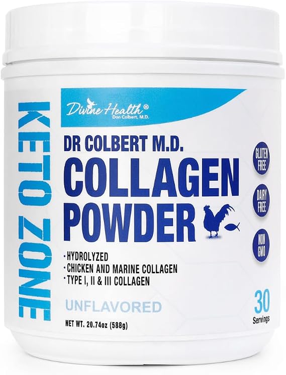 Dr. Colbert, MD Hydrolyzed Collagen Powder | Unflavored | by Divine Health | Type I, II, III Collagen | Support Healthy Hair, Skin, Nails and Joints | Keto Zone | 588g | 30 Servings