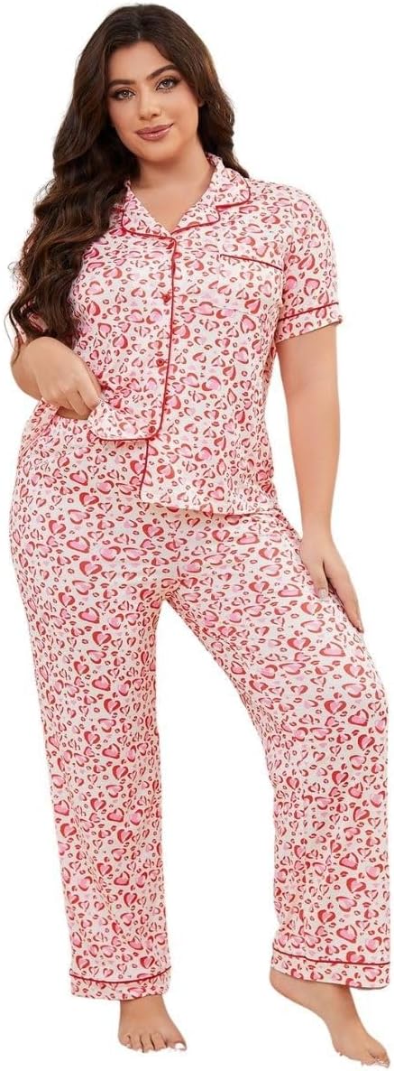 Plus Size Pajamas Sets for Women 2 Piece Short Sleeve Womens Lounge Sets Heart Print Soft Sleepwear