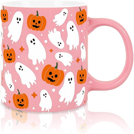Whaline Halloween Mug Ghost Pumpkin Coffee Mug Pink White Orange Ceramic Drinking Cup for Halloween Party Supplies Table Centerpieces, 12oz