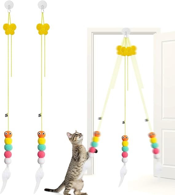 2 Pack Door Hanging Cat Toys, Interactive Cat Toy for Indoor, Self-Employment Hanging Door Frame, Cats Toy with Bell and Feathers Teaser for Kittens Chase