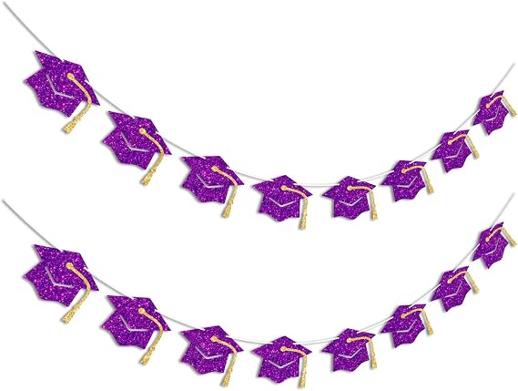Graduation Decorations Class of 2026 Purple Graduation Banner Glitter Pre-strung Grad Cap Banner for 2026 Grad Decor Party Supplies