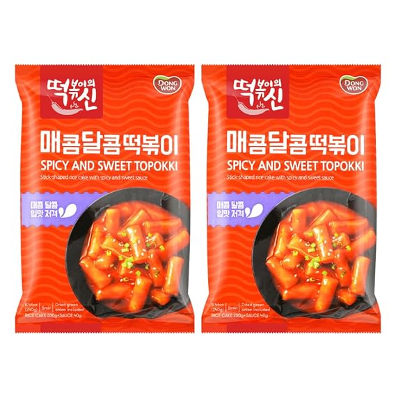 DONG WON Topokki with Spicy and Sweet Sauce, Korean Rice Cake Stick, Korean Street Food, 8.46 OZ (240 G) - 2 Pack