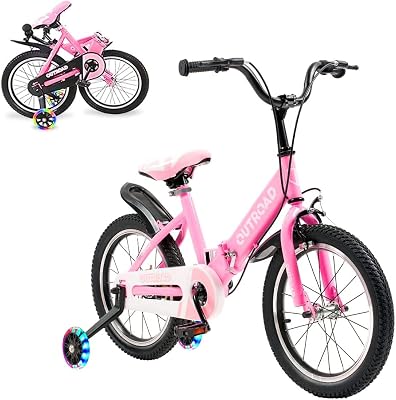 Folding Kids Bike for 3-7 Years Old Boys and Girls 1416 Inch Foldable Kids Toddler Bicycles with Flash Lighting Training Wheels and Dual Handbrakes 16-Pink
