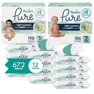 Pampers Pure Protection Disposable Baby Diapers Starter Kit 2 Month Supply, Sizes 1 198 Count & 2 186 Count with Aqua Pure Sensitive Wipes, 12X Pop-Top Packs 672 Count