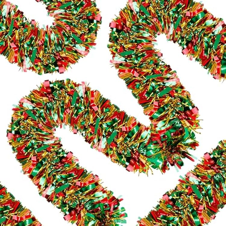 33Ft Christmas Tinsel Garland Thick Tinsel Garland Xmas Tree Decorations Green Red Gold Metallic Tinsel Twist Garland for Christmas, Birthday, Holiday Indoor Outdoor Party Supplies
