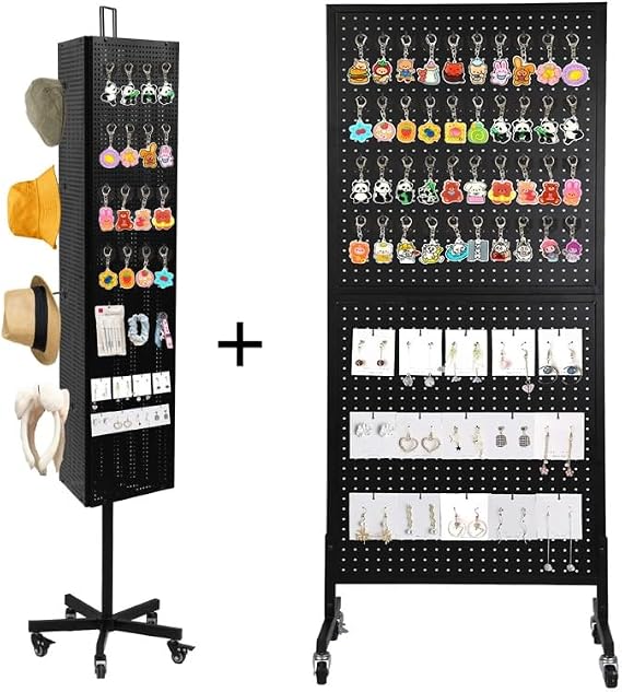 NectaCol 1 Pack 2'x 5' Metal Pegboard Panels Tower + 1 Pack Triangular Metal Pegboard Panels Tower with Base and Pole, Black Pegboard Display Stand with Wheels