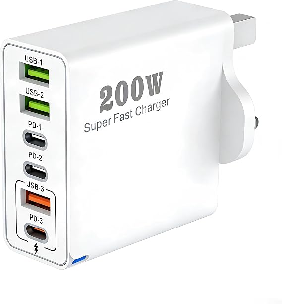 200W USB C Charging Station, 6 Port GaN Charger | Multi device charging hub with PD 100W, 65W, 45W and 20W ports for compatible laptops and phones.