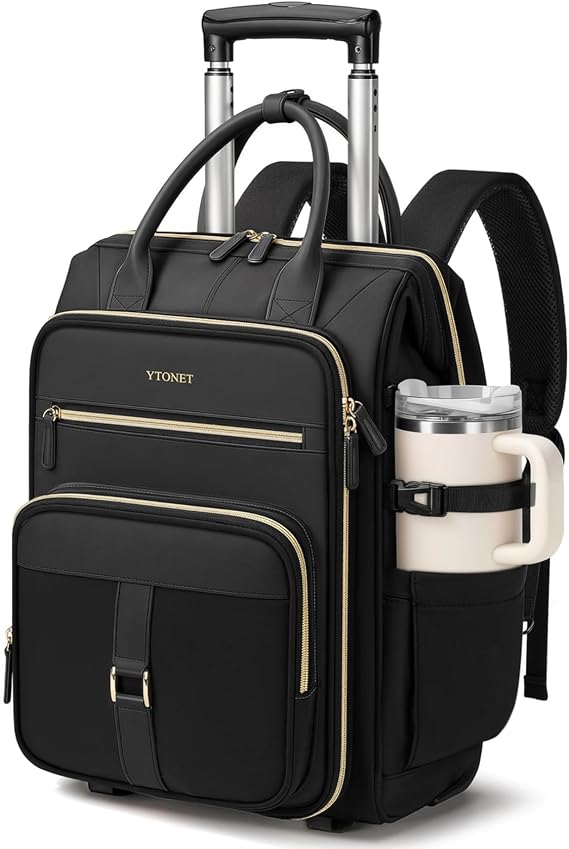 Ytonet Rolling Backpack for Women, 15.6 Inch Rolling Laptop Bag with Wheels