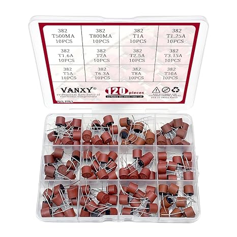 12Values 382 Round Fuse 0.5A-10A 250V Slow Blow Kits | 120Pcs T0.5A T0.8A T1.25A T1A T1.6A T2A T2.5A T3.15A T5A T6.3A T8A T10A Power Supply Fuse