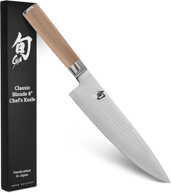 Shun Classic Blonde 8" Chef's Knife, Handcrafted Japanese Kitchen Knife for Professional and Home Chefs, VG-MAX Core with Damascus Stainless Steel Cladding, Pakkawood Handle | Handcrafted Japanese Kitchen Knife, VG-MAX Core, Damascus Stainless Steel Cladding, Pakkawood Handle