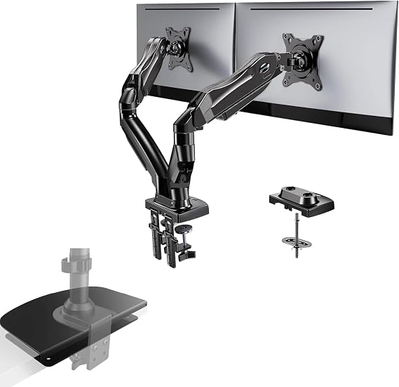 HUANUO Dual Monitor Stand - Full Adjustable Monitor Desk Mount Swivel Vesa Bracket with C Clamp, Steel Monitor Mount Reinforcement Plate for Thin, Glass and Other Fragile Tabletop