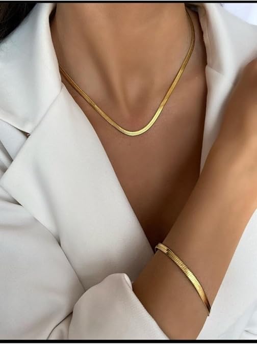 Trend Collection Yüksek Kalite Kadın Çelik Klasik İtalyan Kolye-Bileklik Zincir Set,Gold Tek Ebat