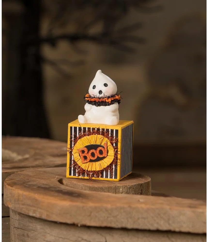 Bethany Lowe Boo on Block - MA3076 - Halloween Ghost Figurine - Multicolored