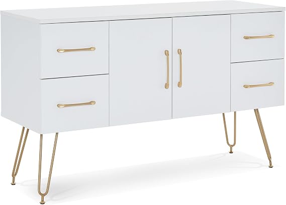 BarberPub Wall Mount Salon Station, Home Make Up Cabinet 3152 (White) | Wall Mount Salon Station Features 4 Drawers, 1 Cabinet with adjustable shelf and V-shaped metal legs for stability.