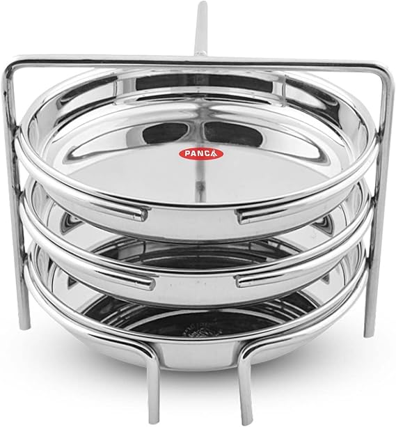 PANCA Stainless Steel Dhokla Maker, Thatte Idli Maker, 3 Big Plates, 16 cm Plates Set With Stand, Fits in all Cookers
