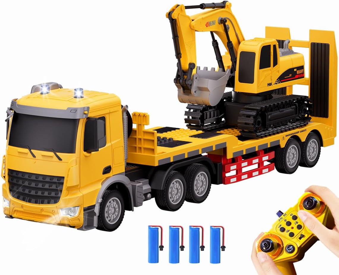 RC Semi Truck and Trailer & Excavator Toy Set - 11CH 24.6 Dual Control Mode Remote Control Engineering Vehicle with Sound & Lights, 2.4Ghz Flatbed Truck with Excavator Toys, Great Gift for Kids Boys