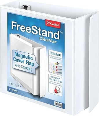 Cardinal 3 Ring Binder, 3 Inch FreeStand Binder with Magnetic Cover Flap, Shelf Pull and 5 Color-Coded Rings, ONE-TOUCH Easy Open Locking Slant-D Rings, Holds 650 Sheets, White