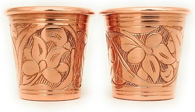 2023 CC Series 2 oz Set of 2 TequilaVodka Shot Glasses, Mini Moscow Mule Cup, Handmade Unlined Uncoated Thickest Pure Solid Copper mini Tumblers for Cocktails Engraved Tulip