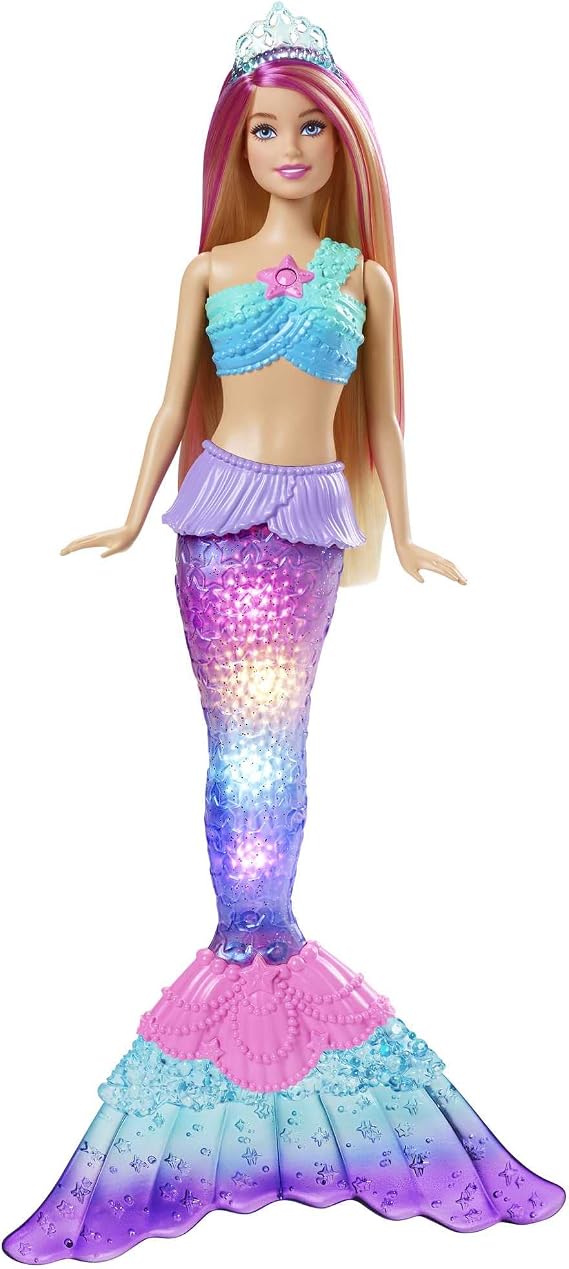 Mermaid Barbie Doll with Water-Activated Twinkle Light-Up Tail, Barbie Dreamtopia Mermaid Toys, Pink-Streaked Hair, HDJ36