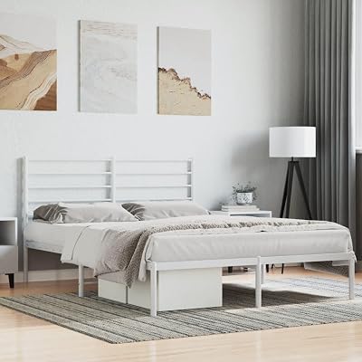 White Metal Bed Frame with Headboard, 150 x 200 cm, Bed Frame for Living Room Bedrooms