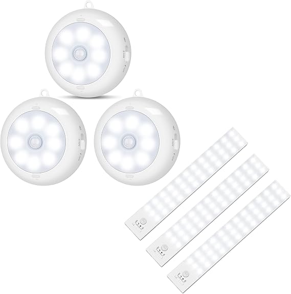 3 Pack 36 LED Closet Lights + 3 Pack AA-83 Motion Sensor Light Indoor
