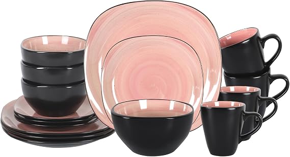 HomeVSS 16-Piece Square Dinnerware Set - Spinwash Swirl Rose & Black Square Plates and Bowls Set, Dish Sets for 4, Microwave & Dishwasher Safe Stoneware