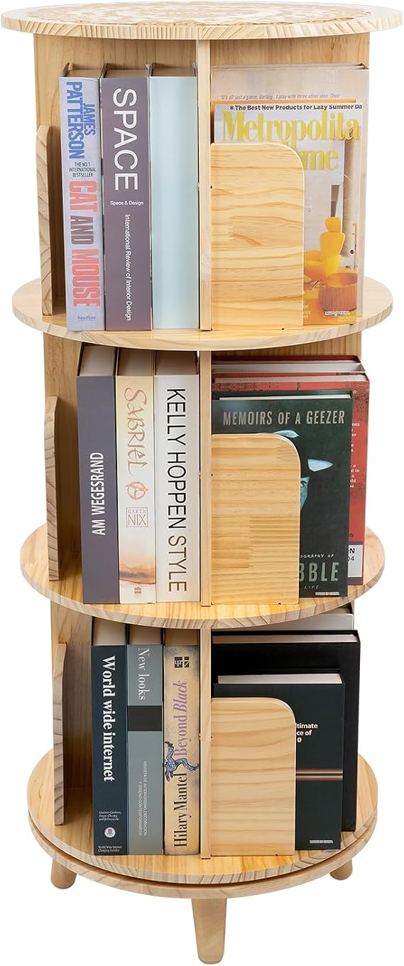 3 Tier 360° Rotating Bookshelf, Floor Standing Bookcase, Wood Storage Shelves for Corridors Living Rooms Study Rooms Bedrooms