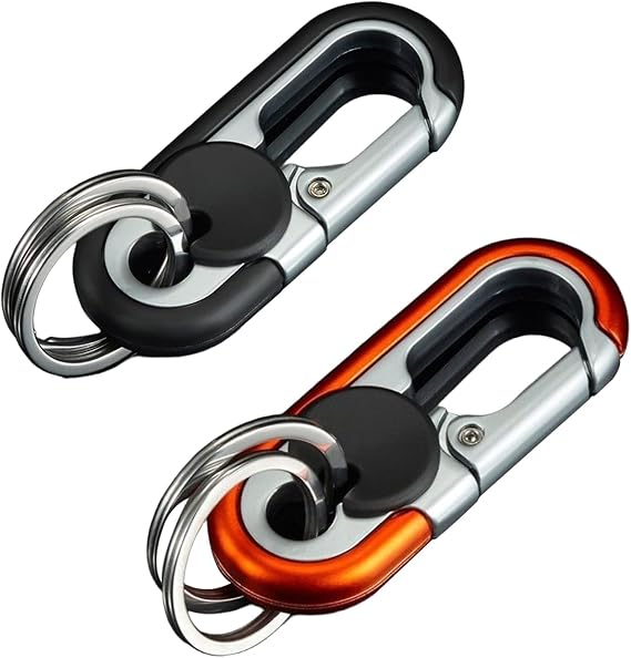 2PCS Car Keychain Set for Men – Double Ring Metal Keyring with Hook Clip, Anti-Loss Key Holder for Car, Home & Office Keys, Stylish Key Organizer Gift for Men (Black & Orange)