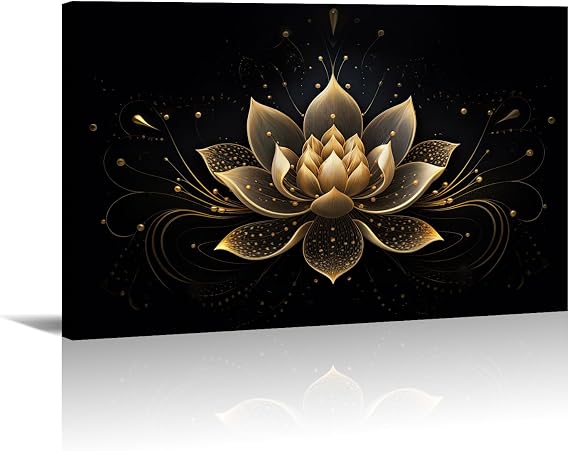 LYUNSHUO Zen Wall Art,Black and Gold Lotus Painting Canvas Print Meditation Poster Flower Picture Vintage Artwork for Spiritual Room Bathroom Living Room Home Decor Framed(Art-1,12.00"x18.00")