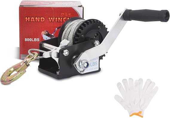800lbs Boat Trailer Winch, Hand Winch with Gloves, Heavy Duty Hook with 33ft Steel Cable, Manual Operated Winch for Trailers ATV UTV Boat Marine
