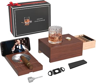 Cigar Humidor Box Set with Wooden Drawer, Hygrometer, Cigar Slot, Whiskey Glass Tray, Ashtray Tray, Cigar Cutter, Phone Holder, Humidifier, Home Office Cigar Accessories, Gift for Men