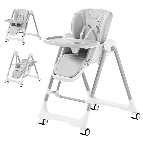3-in-1 Foldable High Chairs for Babies and Toddlers with Rocking Mode | Baby High Chair with 5 Height Levels, Adjustable Backrest & Footrest, Lockable Wheels