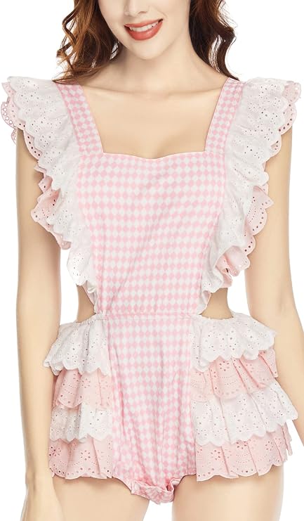 CutiePlusU Cotton Button Crotch Bodysuit Onesie Pajamas- Lace Diamond Check Overalls