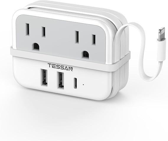 European Travel Plug Adapter, TESSAN Type C Power Adaptor Built-in 1 Lightning Cable, 2 Outlets and 3 USB(1 USB C) Ports for US to Most of Europe EU France Germany Spain Italy Iceland TS-122-EU-C