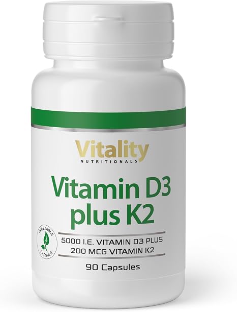 Vitamin D3 K2 High Dose Vitamin D 5000 IU & K2 200 mcg Premium All Trans MK7 90 Mini Capsules High Dose High Bioavailability Free from Additives Vitality Nutritionals by VitaminExpress