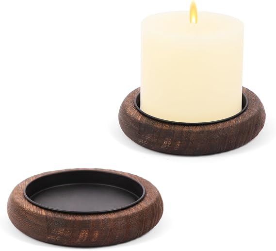 Hatway Wood Candle Holder Farmhouse Decor Wooden Pillar Candles Tray for Table Centerpiece Small Decorative Tray Riser Round Wooden Plate Pedestal Stand for Coffee Table for Christmas Decor Mu-2