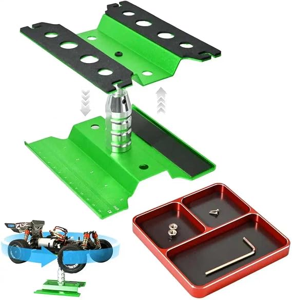 RC Car Adjustable Repair Stand & Small Screw Tray for 1/8 1/10 1/12 1/14 RC | Aluminum Workstation Height Lift Lower 360 Rotation & Magnetic Tool Tray for Traxxa Axial Arrma Redcat 1/8 - 1/14 RC Buggy