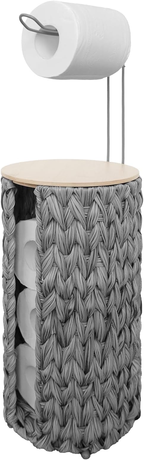 Coeusy Grey Toilet Paper Holder Stand,4 Rolls of Toilet Tissue Storage for Bathroom Floor,Plastic Wicker Woven Toilet Paper Storage with Wooden Lid,Free Standing