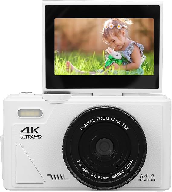 Digital Camera 4K Video Recorder 64MP Digital Compact Camera with 4K UHD Video 18x Zoom Auto Focus for Travel Vlogging (White)