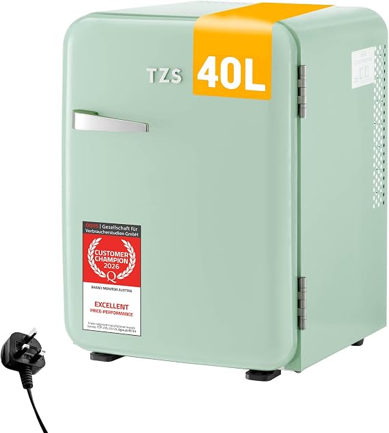 TZS First Austria - Retro Mini Fridge 40L - Silent Operation - Vintage Minibar for Bedrooms & Offices - Mint [Energy Class E]