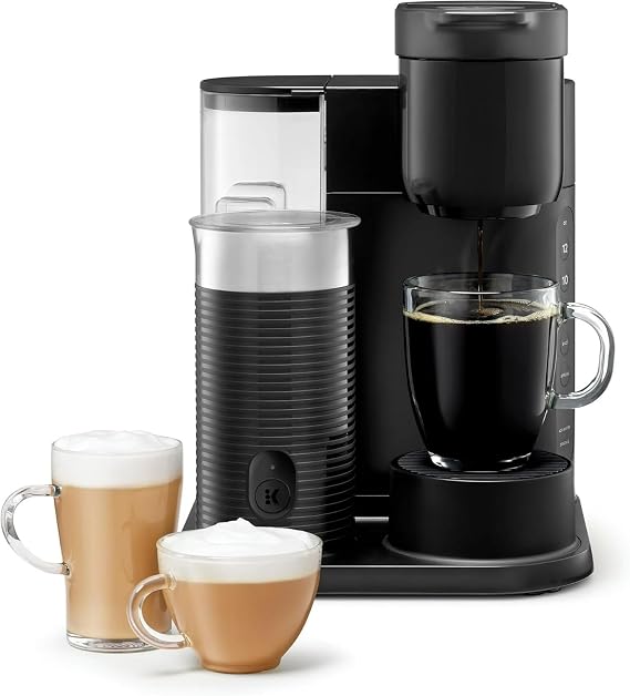Keeurig K-Cafe Single Serve Coffee Maker, Built-In Milk Frother, Latte & Cappuccino Brewer, Espresso Shot, 3 Brew Sizes, 42 oz Water Reservoir, Travel Mug Friendly, Compact Design (Black 42oz)