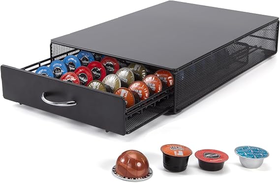 Coffee Pod Holder Storage Drawer Compatible with Lavazza Mio,Nespreso Vertuoline,Tchibo Cafissimo Capsules,40 Pod Capsule Holder, Coffee Pod Organizer,Office or Home Kitchen Counter Organizer | Metal capsule dispenser, capsule storage box, capsule drawer for storing 40 capsules, black.