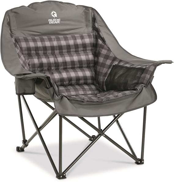 Guide Gear Oversized Extra Large Padded Camping Chair, Portable, Folding, Large Camp Lounge Beach Chairs for Outdoor, Adults, Men and Women, Heavy-Duty 400 Pound Capacity, with Cup Holder Gray Plaid