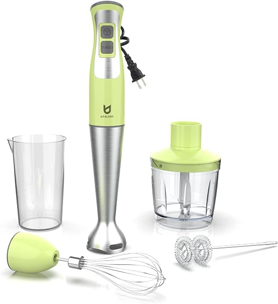 UTALENT Immersion Hand Blender with chopper - Puree Baby Food, Sauce & Soup | 8-speed, Pure Copper Winding Motor, 5.2 feet power cord, 4-point Ice crush blade, 500ml chopper, 600ml vessel, Whisk, Frother
